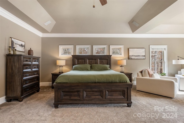 bedroom featuring ceiling fan, light colored carpet, lofted ceiling, and ornamental molding