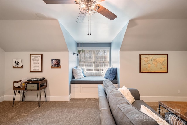 bedroom featuring carpet, ceiling fan, and lofted ceiling