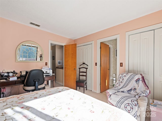 carpeted bedroom featuring multiple closets