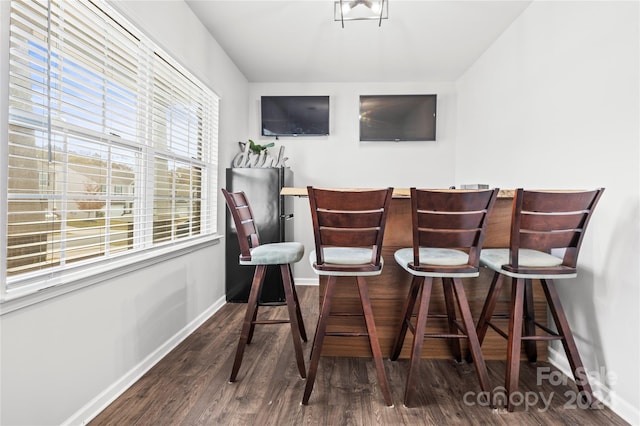 dining room featuring dark hardwood / wood-style flooring and indoor bar