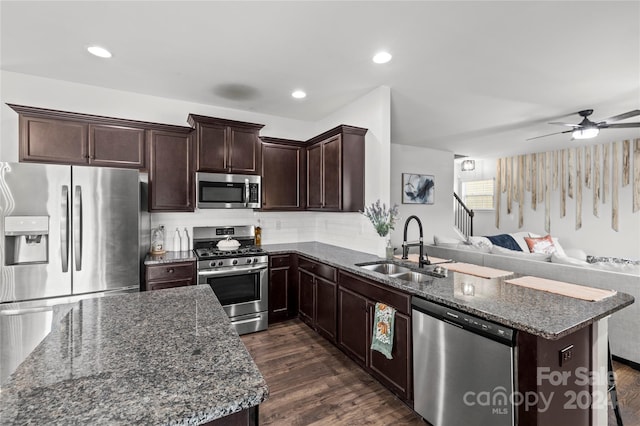 kitchen with ceiling fan, sink, dark hardwood / wood-style flooring, dark stone countertops, and appliances with stainless steel finishes