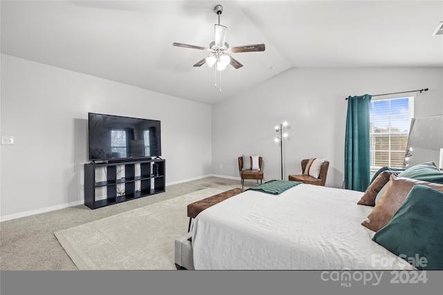 bedroom with carpet, ceiling fan, and lofted ceiling