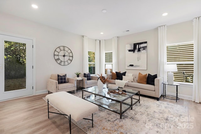 living room featuring light wood-type flooring and plenty of natural light