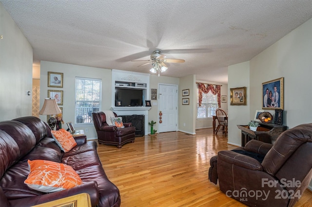 living room featuring ceiling fan, wood-type flooring, and a textured ceiling