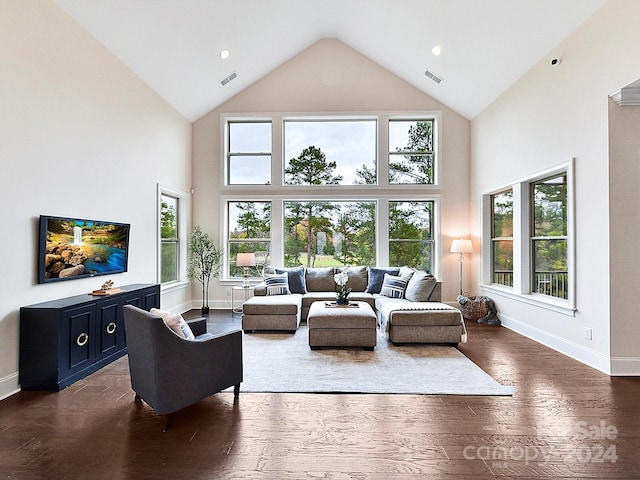 living room with dark hardwood / wood-style flooring, high vaulted ceiling, and a healthy amount of sunlight