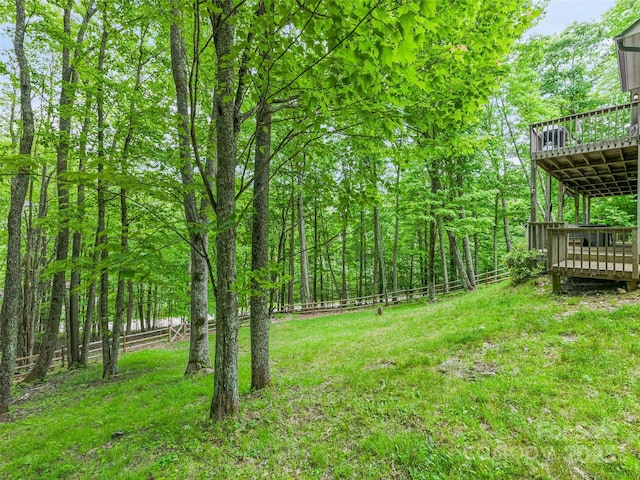 view of yard with a deck and fence
