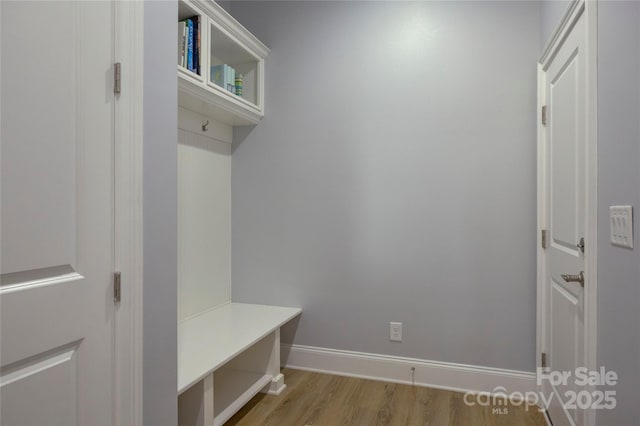 mudroom with light hardwood / wood-style flooring