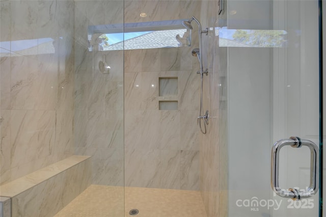 bathroom with a shower with shower door