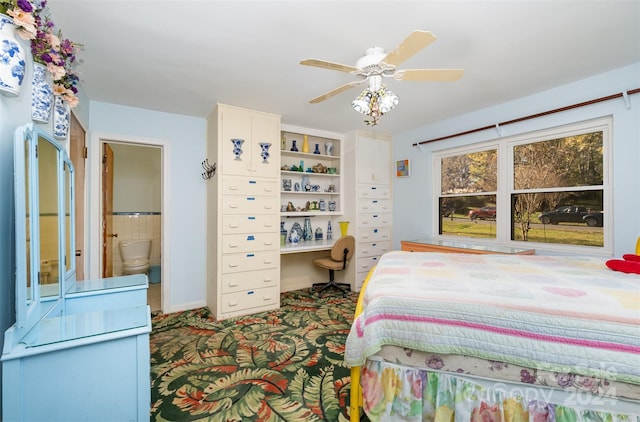 bedroom featuring connected bathroom and ceiling fan