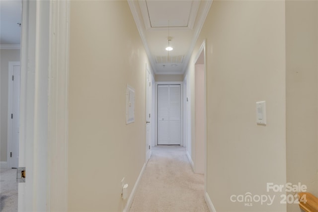 4335 Laurel Hill Ln, Charlotte, NC 28217 - hallway featuring light carpet and crown molding
