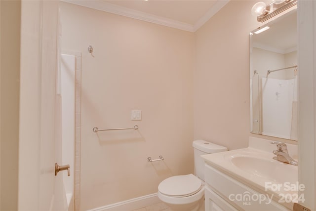 4335 Laurel Hill Ln, Charlotte, NC 28217 - bathroom featuring tile patterned floors, vanity, crown molding, a shower, and toilet