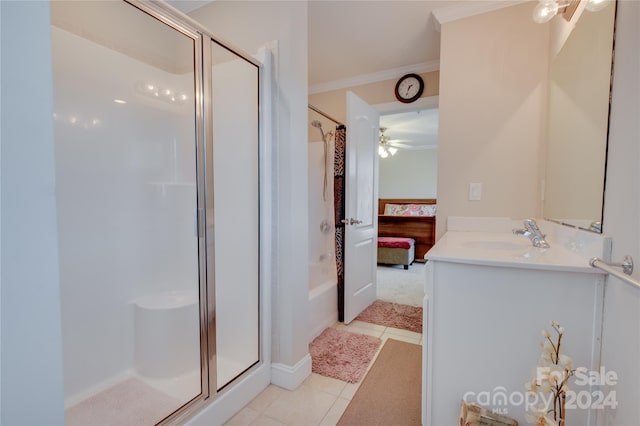 4335 Laurel Hill Ln, Charlotte, NC 28217 - bathroom featuring tile patterned flooring, vanity, walk in shower, and crown molding