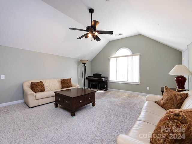 living room featuring light carpet, vaulted ceiling, and ceiling fan