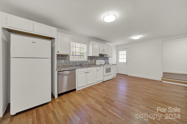 kitchen featuring white cabinets, light wood-type flooring, white appliances, and decorative backsplash