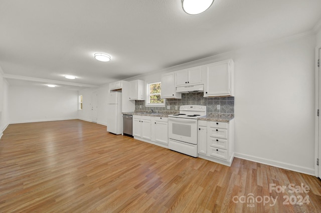 kitchen with white appliances, light hardwood / wood-style floors, white cabinetry, and sink