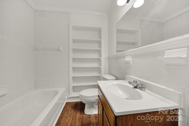 bathroom featuring a bath, crown molding, toilet, tile walls, and hardwood / wood-style flooring