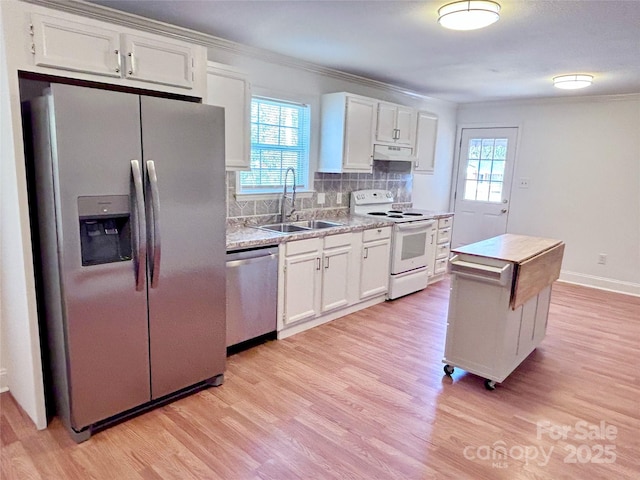 kitchen with decorative backsplash, appliances with stainless steel finishes, ornamental molding, light wood-type flooring, and a sink