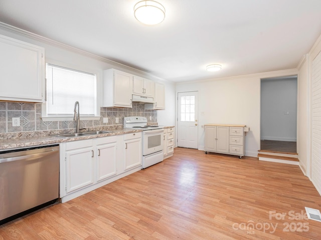 kitchen featuring white electric range, a sink, light wood finished floors, and stainless steel dishwasher