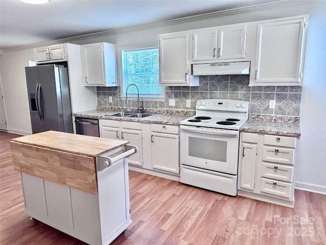 kitchen featuring stainless steel appliances, light wood finished floors, a sink, and under cabinet range hood