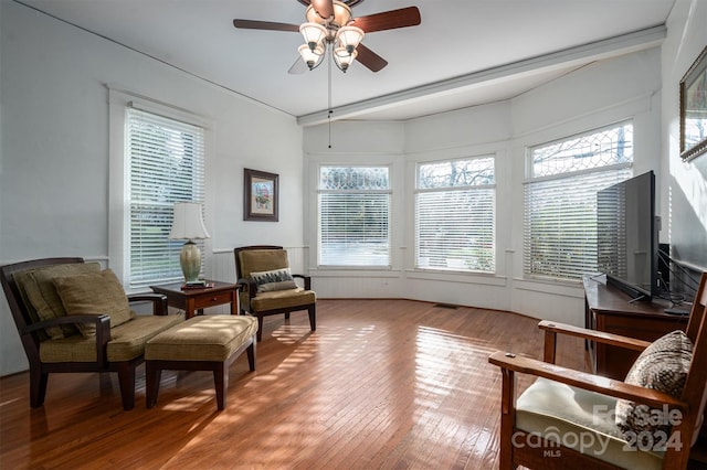 living area featuring ceiling fan and wood-type flooring