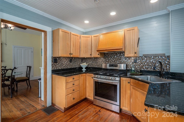 kitchen featuring dark hardwood / wood-style floors, stainless steel stove, premium range hood, and sink