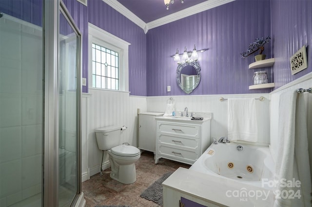 full bathroom featuring plus walk in shower, vanity, toilet, and crown molding