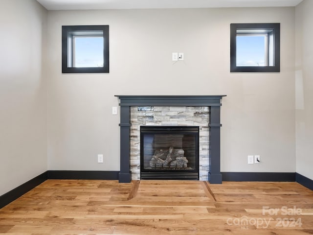 room details with a stone fireplace and hardwood / wood-style flooring