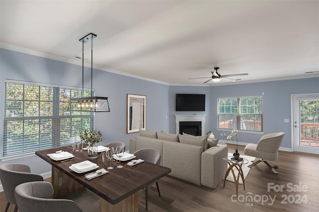 dining room featuring hardwood / wood-style flooring, ceiling fan with notable chandelier, and crown molding