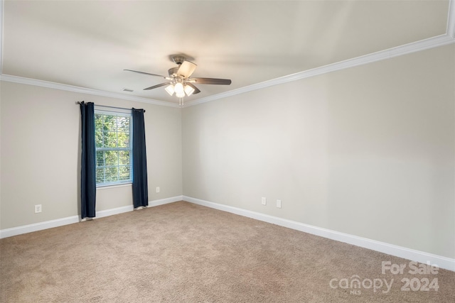 carpeted spare room featuring ceiling fan and ornamental molding