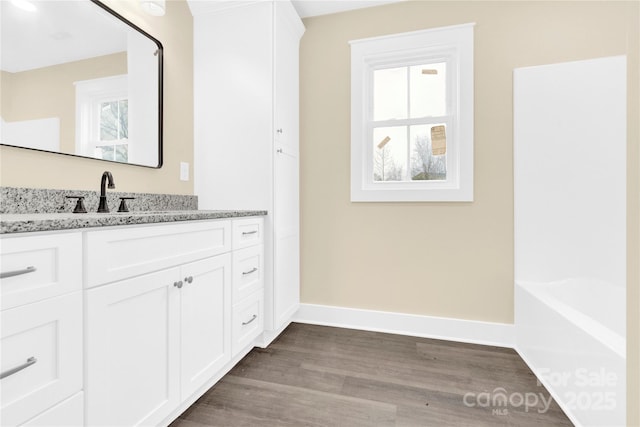 bathroom with wood-type flooring, vanity, and a tub to relax in