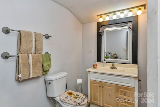 bathroom with vanity, lofted ceiling, and toilet