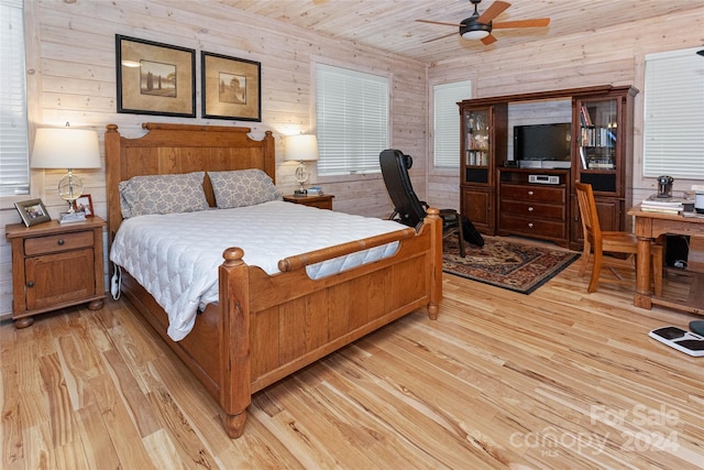 bedroom featuring light wood-type flooring, wooden ceiling, ceiling fan, and wooden walls