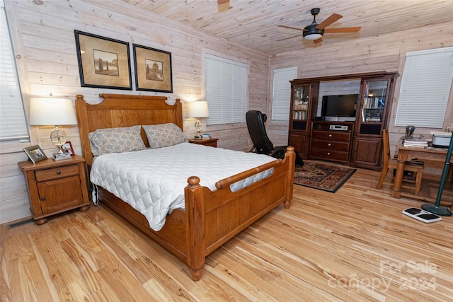 bedroom with wood walls, light hardwood / wood-style flooring, ceiling fan, and wood ceiling