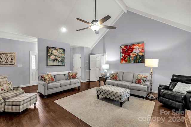 living room with dark hardwood / wood-style floors, ceiling fan, beam ceiling, and high vaulted ceiling