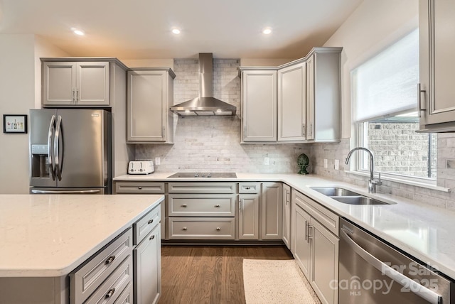 kitchen with gray cabinetry, wall chimney exhaust hood, stainless steel appliances, dark wood-type flooring, and sink