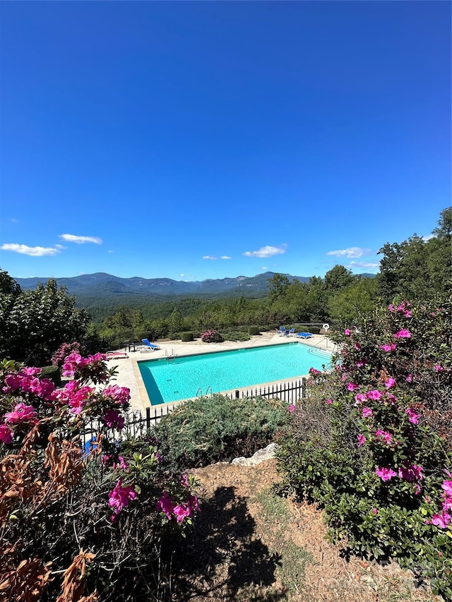 view of swimming pool featuring a mountain view