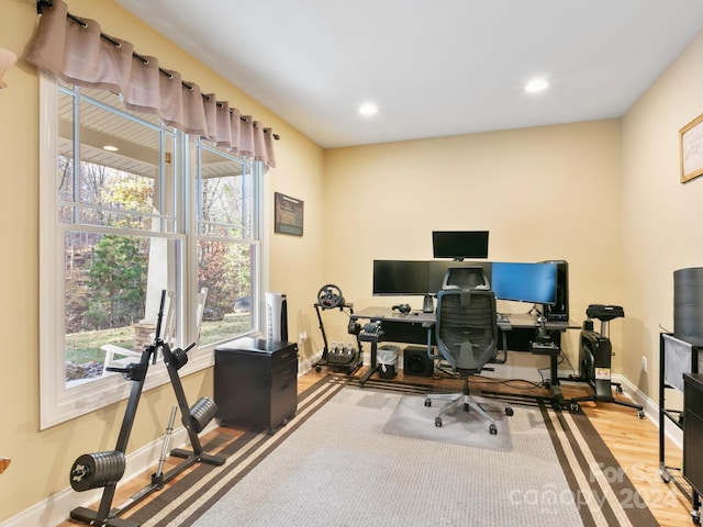 office with light wood-type flooring and a wealth of natural light