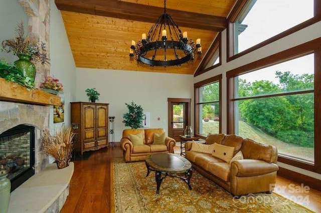 living room with high vaulted ceiling, an inviting chandelier, dark hardwood / wood-style floors, beam ceiling, and wood ceiling