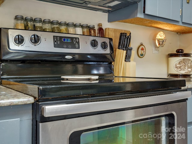 interior details with stainless steel range with electric cooktop and blue cabinets