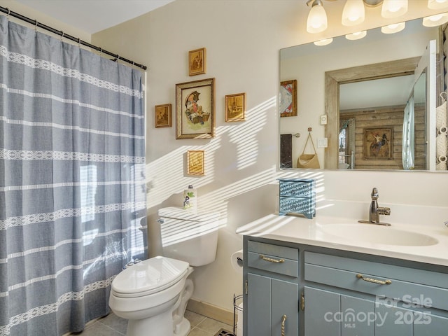 full bath featuring vanity, tile patterned flooring, a shower with shower curtain, and toilet