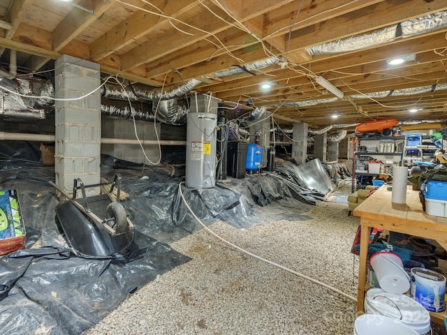 unfinished below grade area featuring water heater