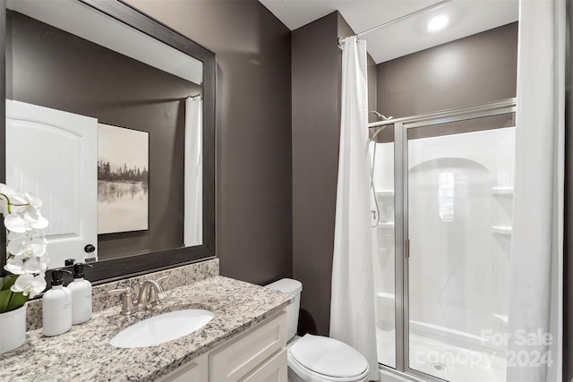 bathroom with a shower, vanity, and toilet