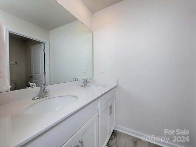 bathroom featuring hardwood / wood-style floors, vanity, and toilet