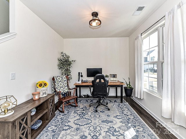 home office featuring hardwood / wood-style flooring and a healthy amount of sunlight