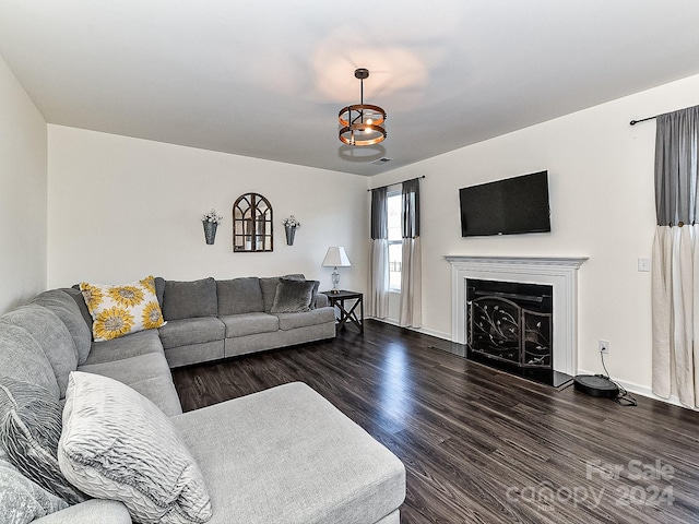 living room featuring dark wood-type flooring