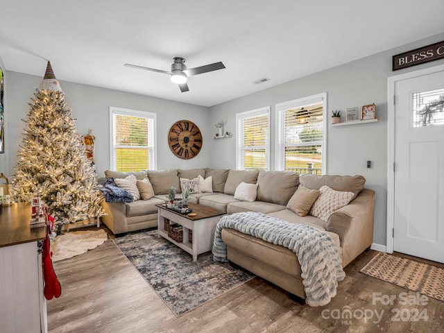 living room featuring dark hardwood / wood-style floors and ceiling fan