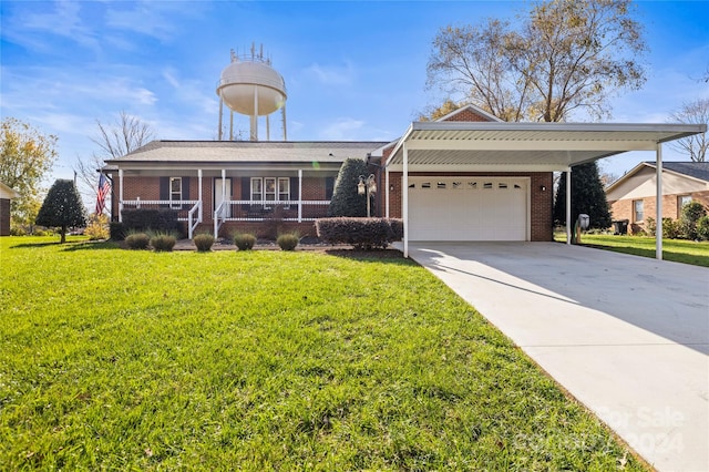 ranch-style home with a garage, covered porch, and a front lawn