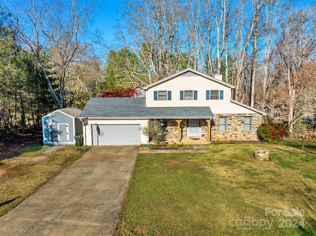 view of front property with a storage shed and a front lawn