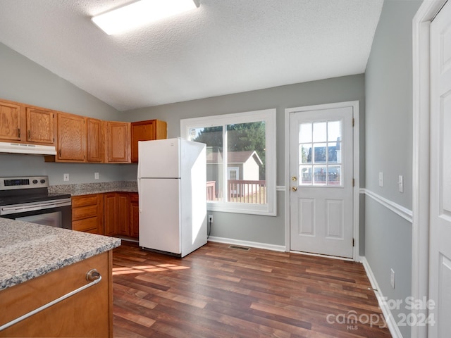 kitchen featuring light stone countertops, dark hardwood / wood-style flooring, electric range, white refrigerator, and lofted ceiling