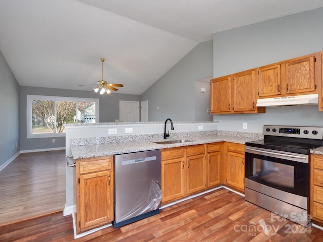 kitchen with lofted ceiling, sink, ceiling fan, light wood-type flooring, and appliances with stainless steel finishes